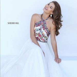 Sherri hill flower embroidered prom dress white
